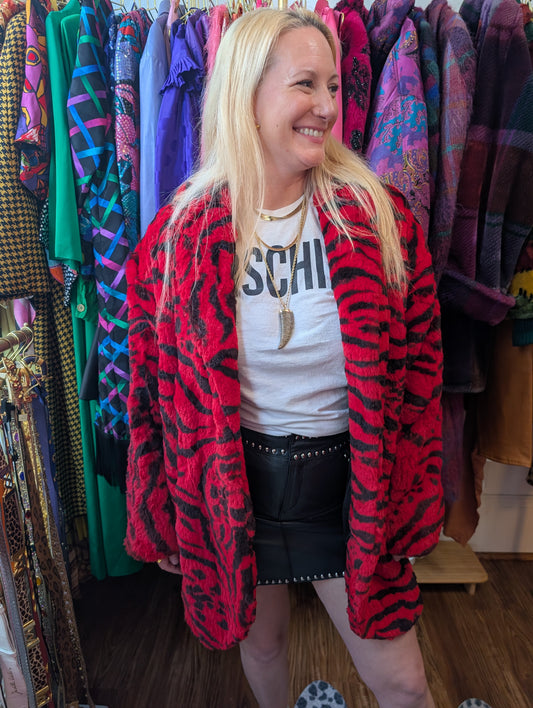 90s Zebra Printed Rabbit Fur Coat