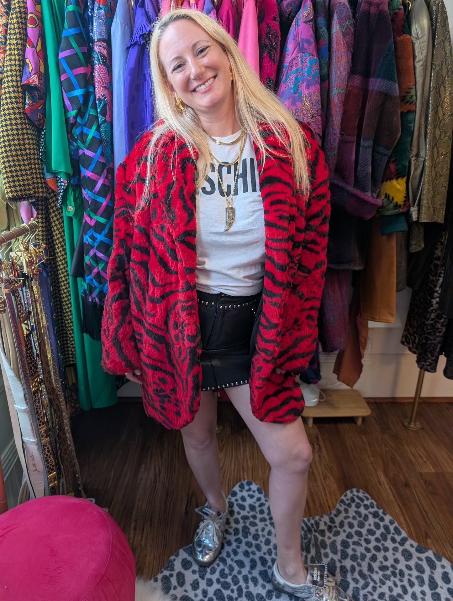 90s Zebra Printed Rabbit Fur Coat