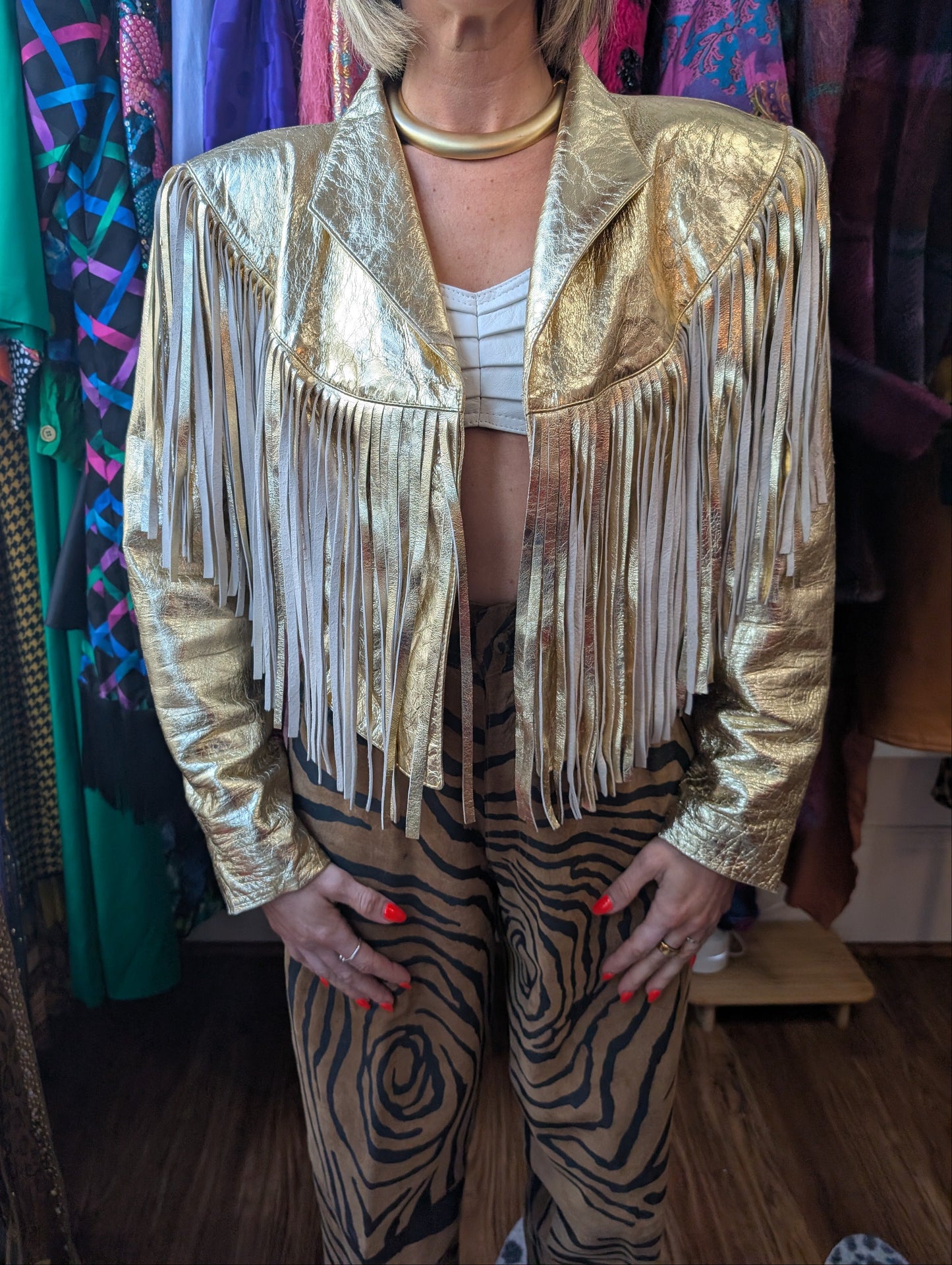 70s Gold Metallic Leather Fringe Jacket