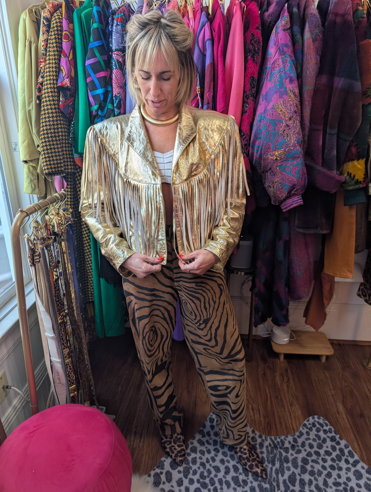 70s Gold Metallic Leather Fringe Jacket