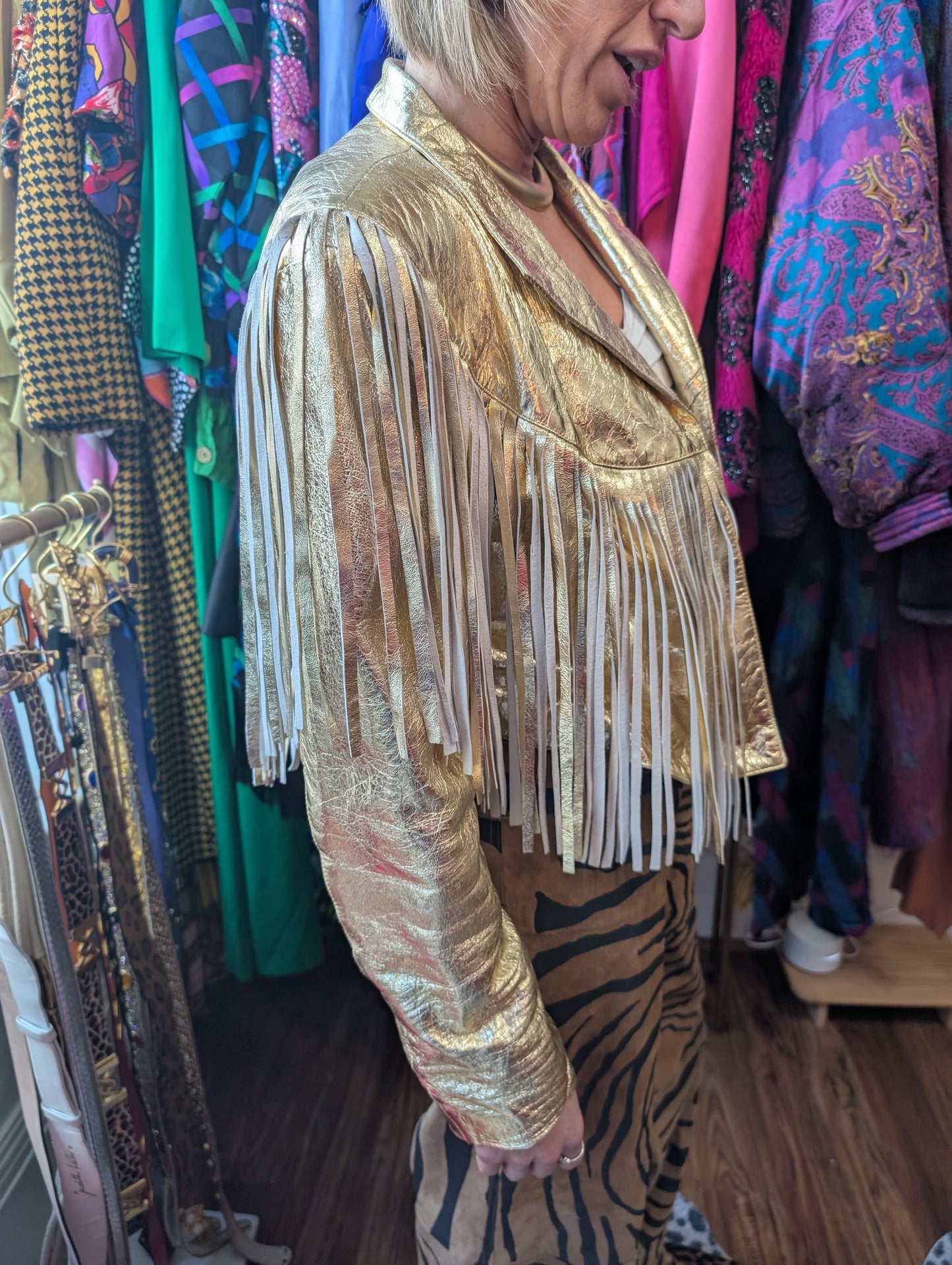 70s Gold Metallic Leather Fringe Jacket