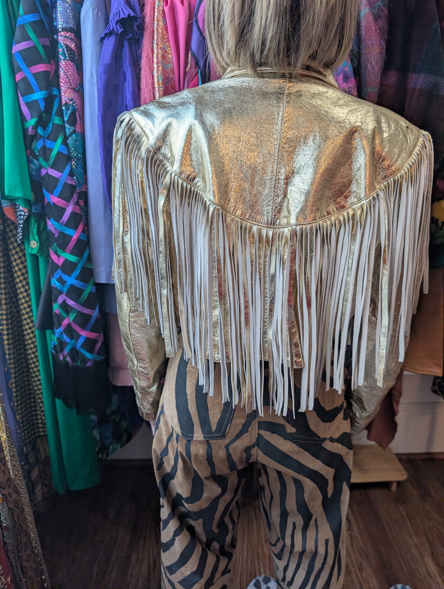70s Gold Metallic Leather Fringe Jacket