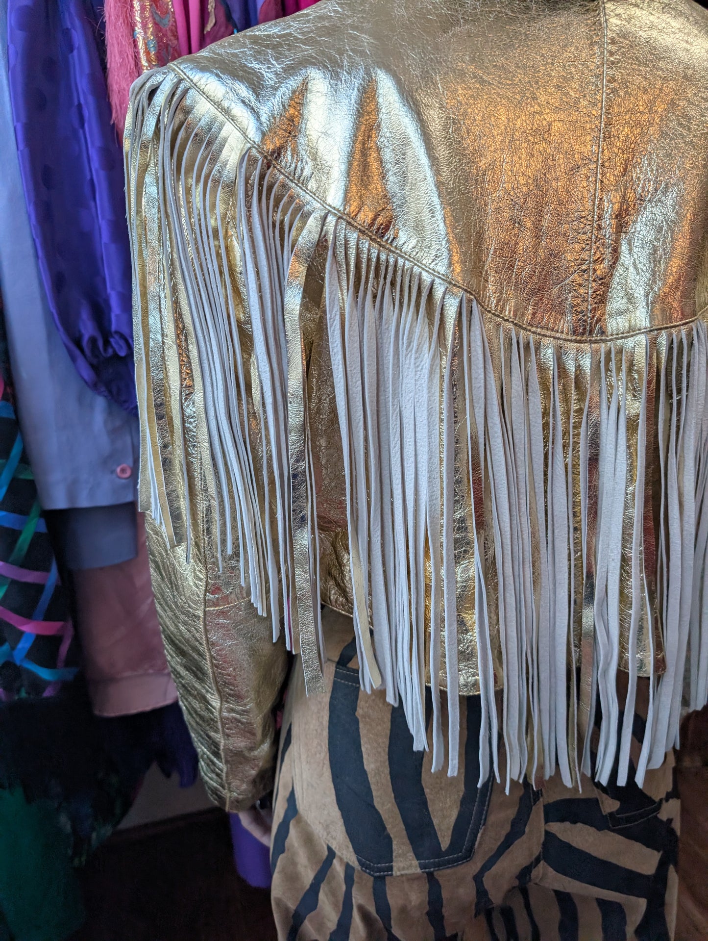 70s Gold Metallic Leather Fringe Jacket