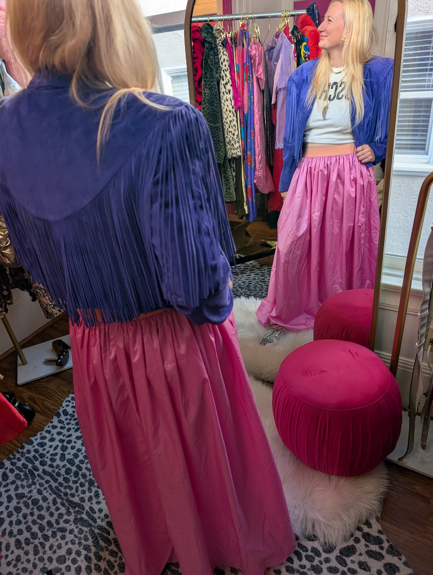 90s Blue Suede Fringe Cropped Jacket