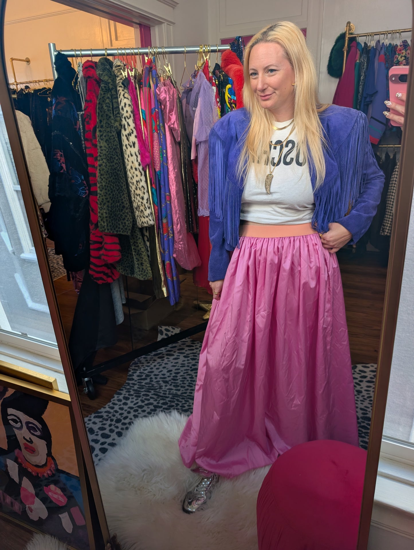 90s Blue Suede Fringe Cropped Jacket