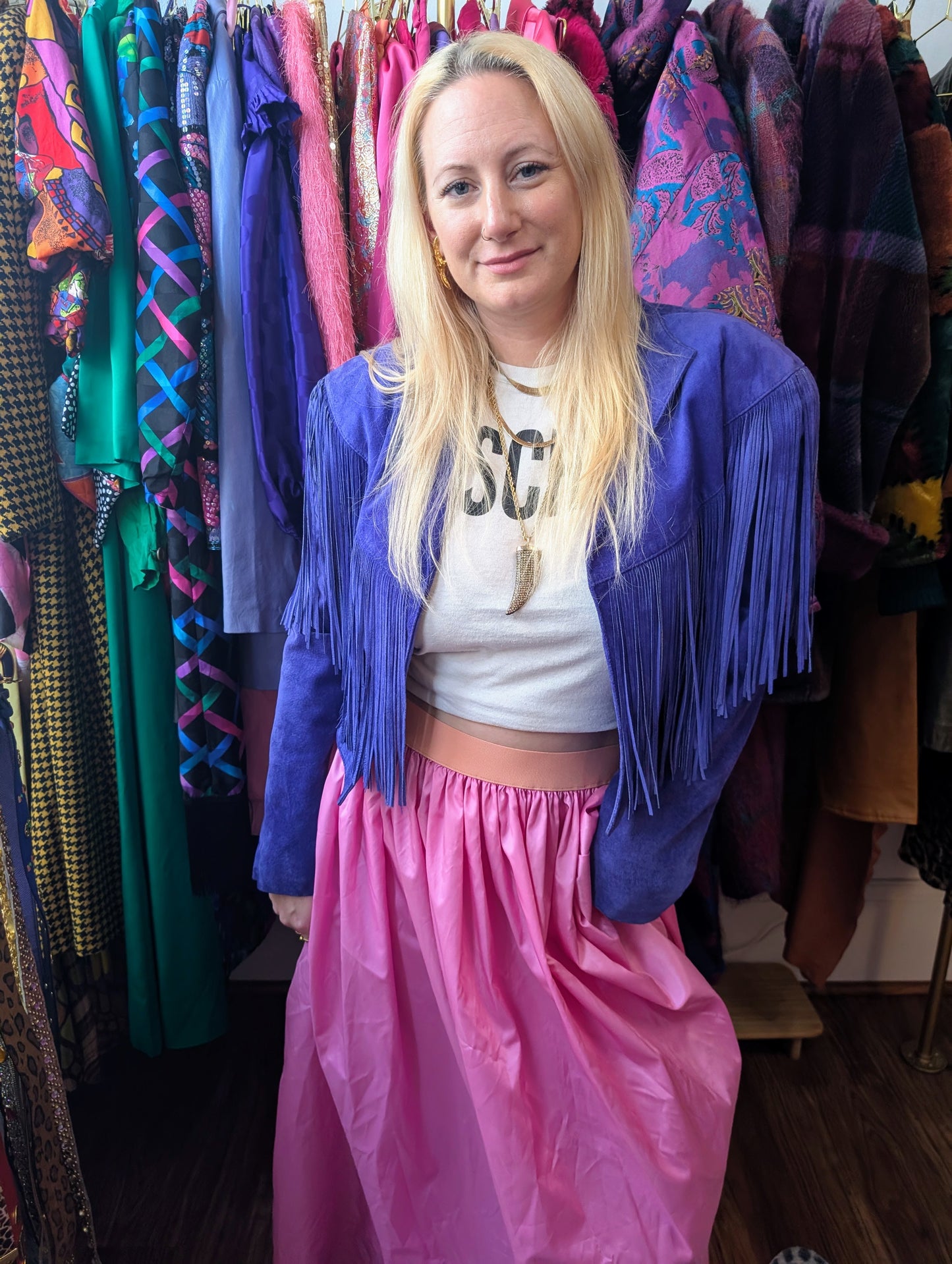 90s Blue Suede Fringe Cropped Jacket