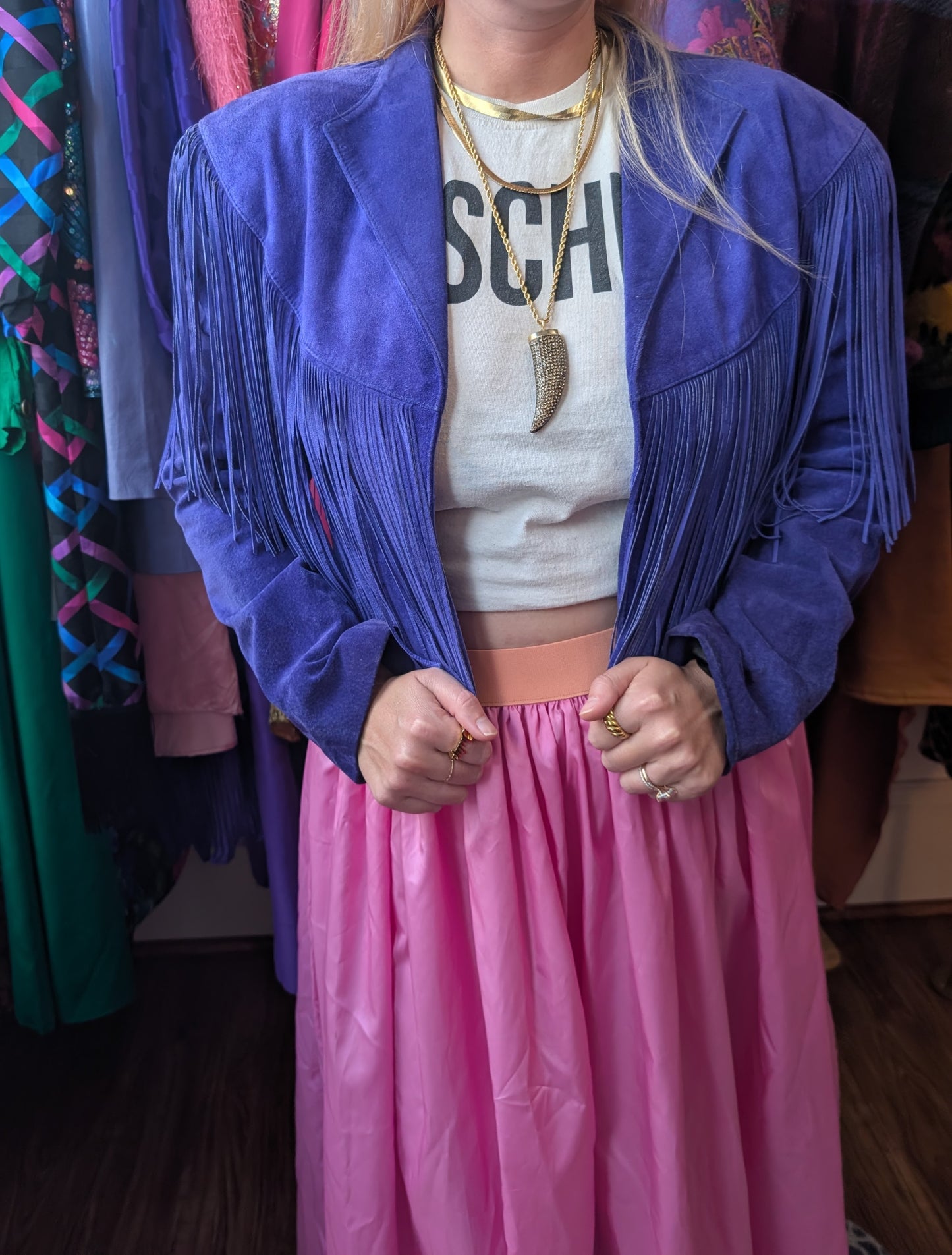 90s Blue Suede Fringe Cropped Jacket