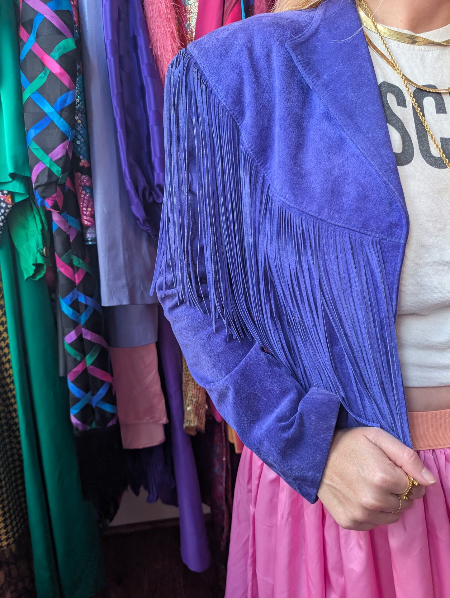 90s Blue Suede Fringe Cropped Jacket