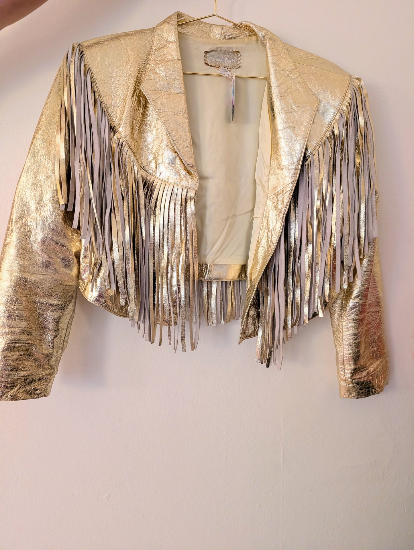 70s Gold Metallic Leather Fringe Jacket