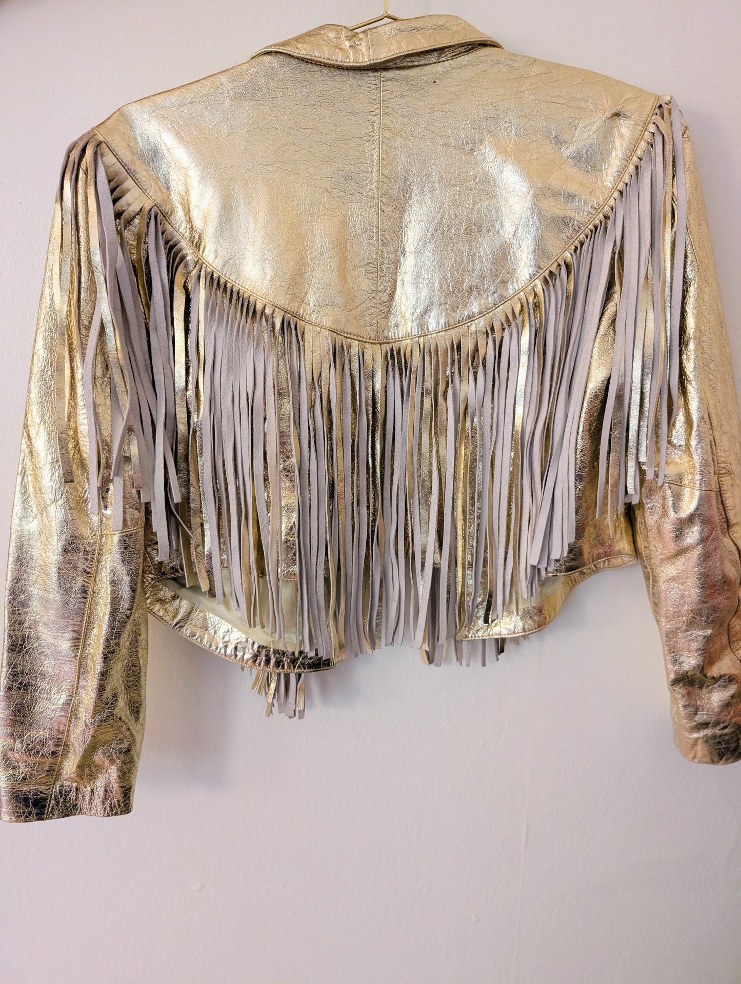 70s Gold Metallic Leather Fringe Jacket