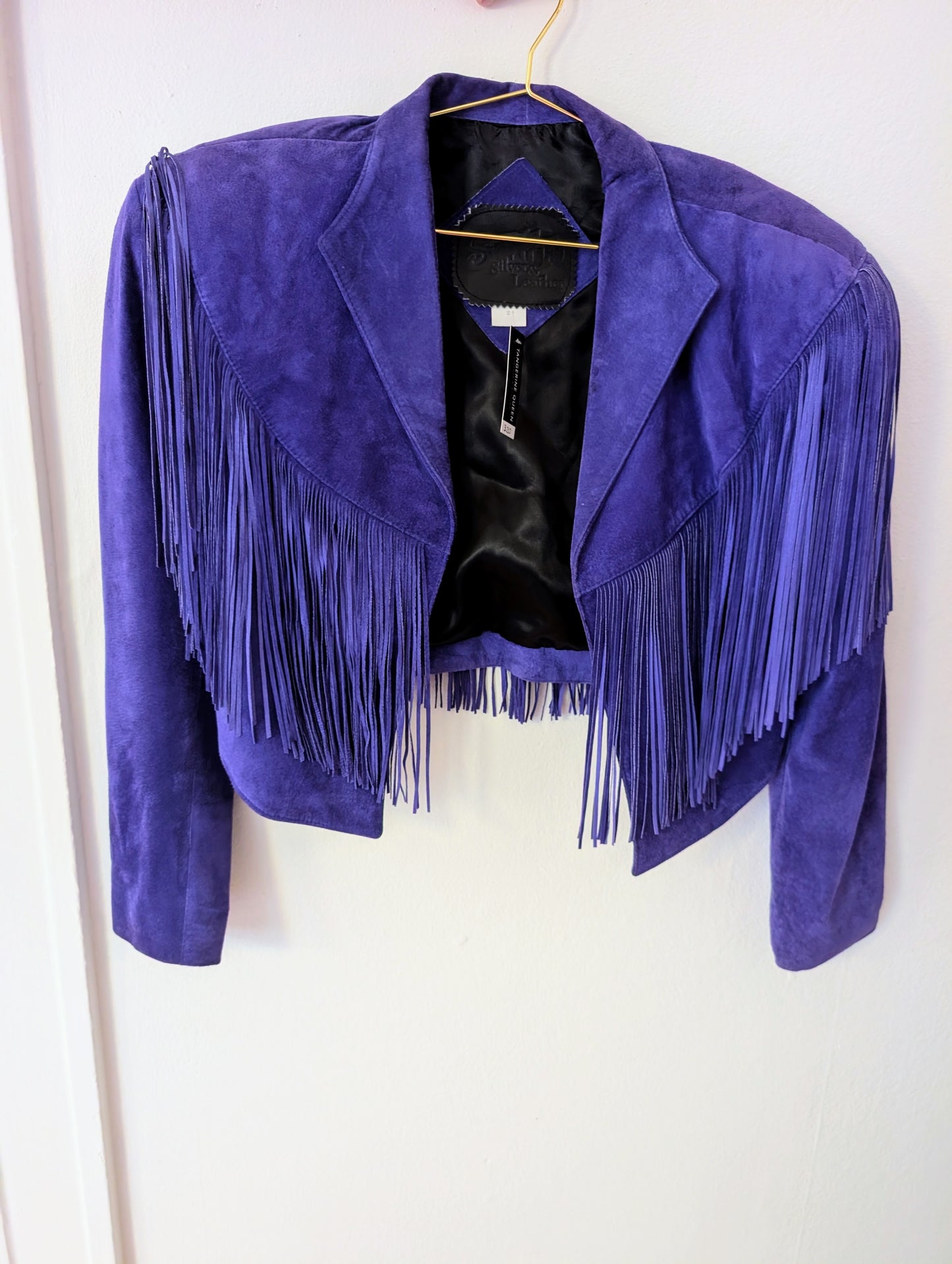 90s Blue Suede Fringe Cropped Jacket