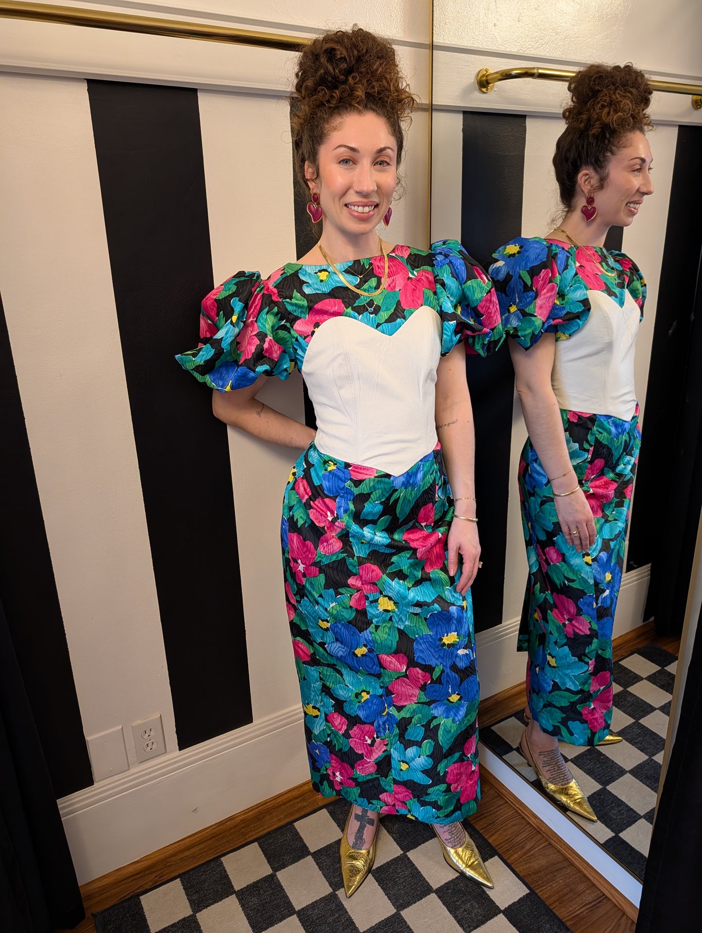 90s Puff Shoulder Floral Dress