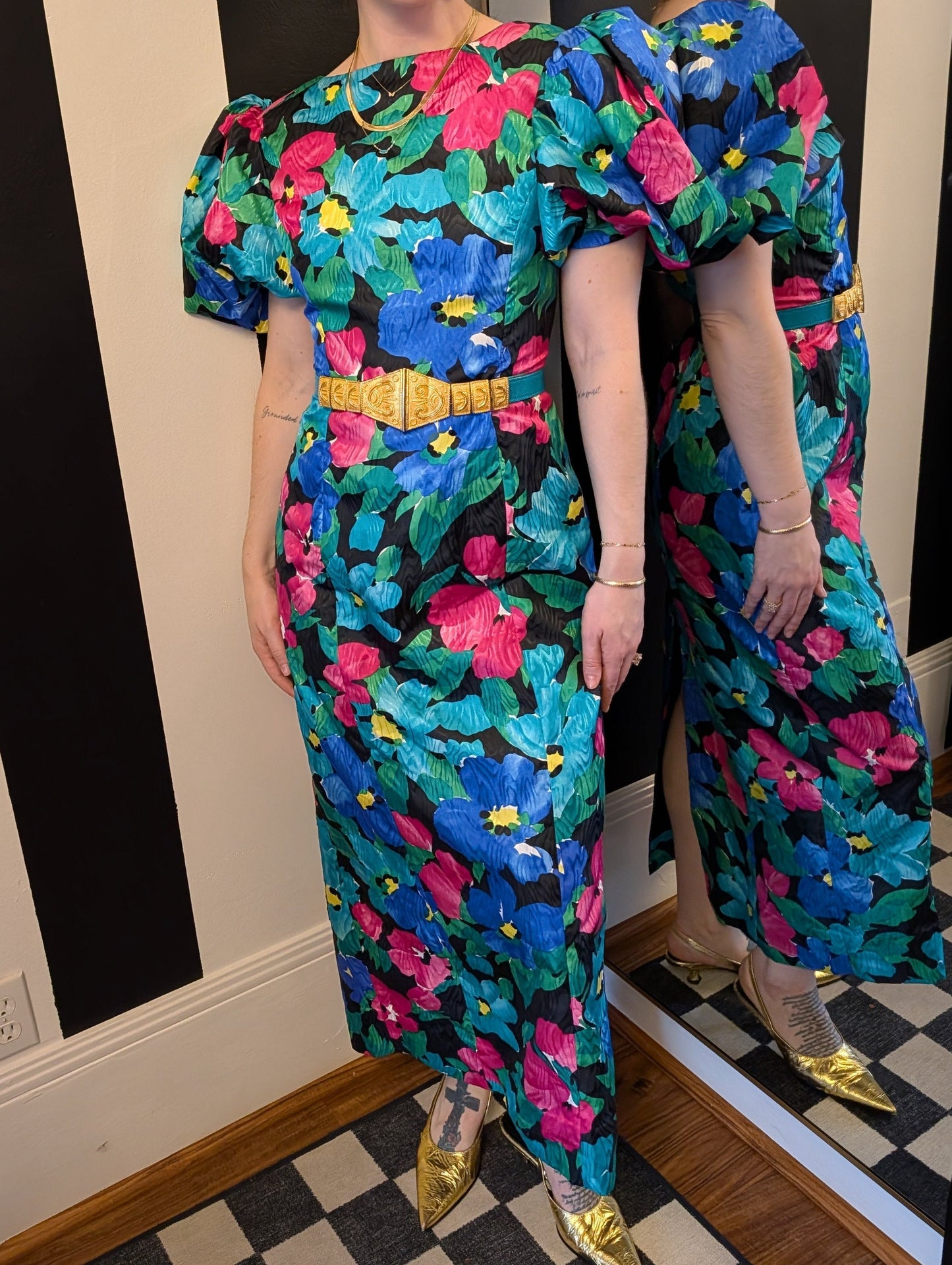 90s Puff Shoulder Floral Dress