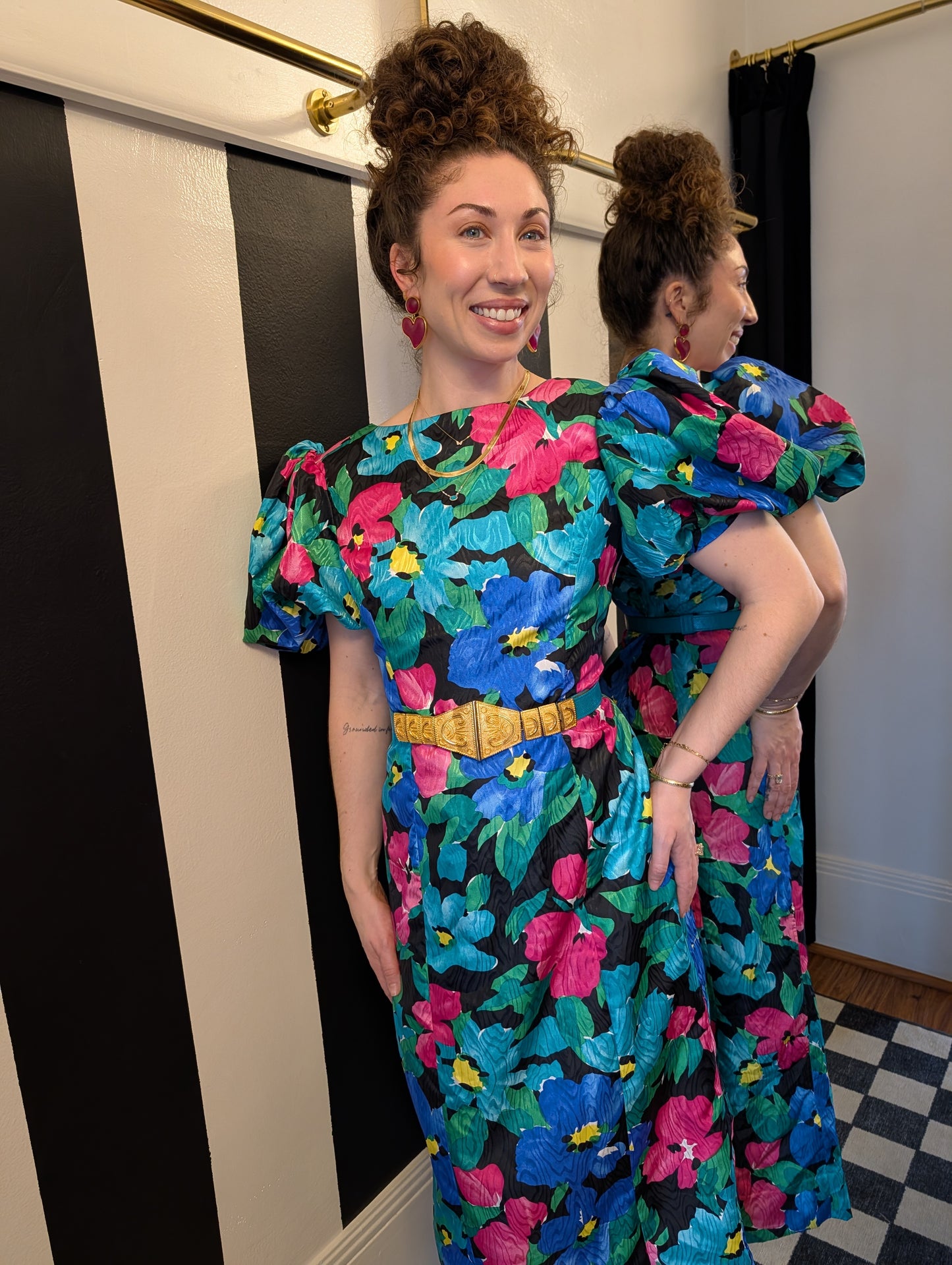 90s Puff Shoulder Floral Dress