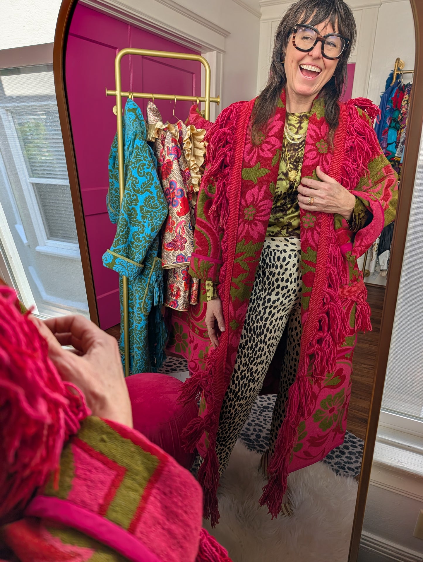 The Loretta Fringe Jacket | Green & Bright Pink
