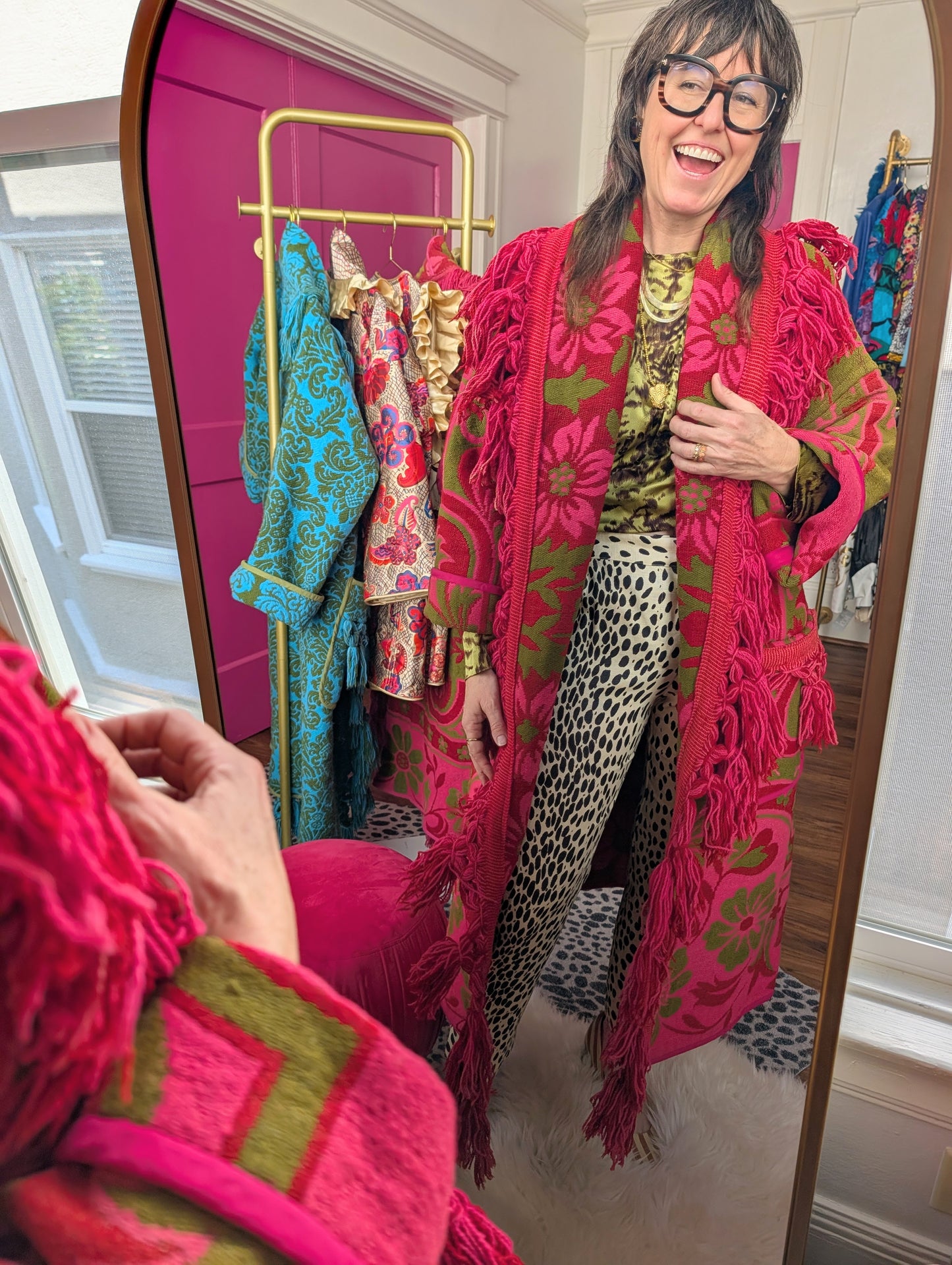 The Loretta Fringe Jacket | Green & Bright Pink