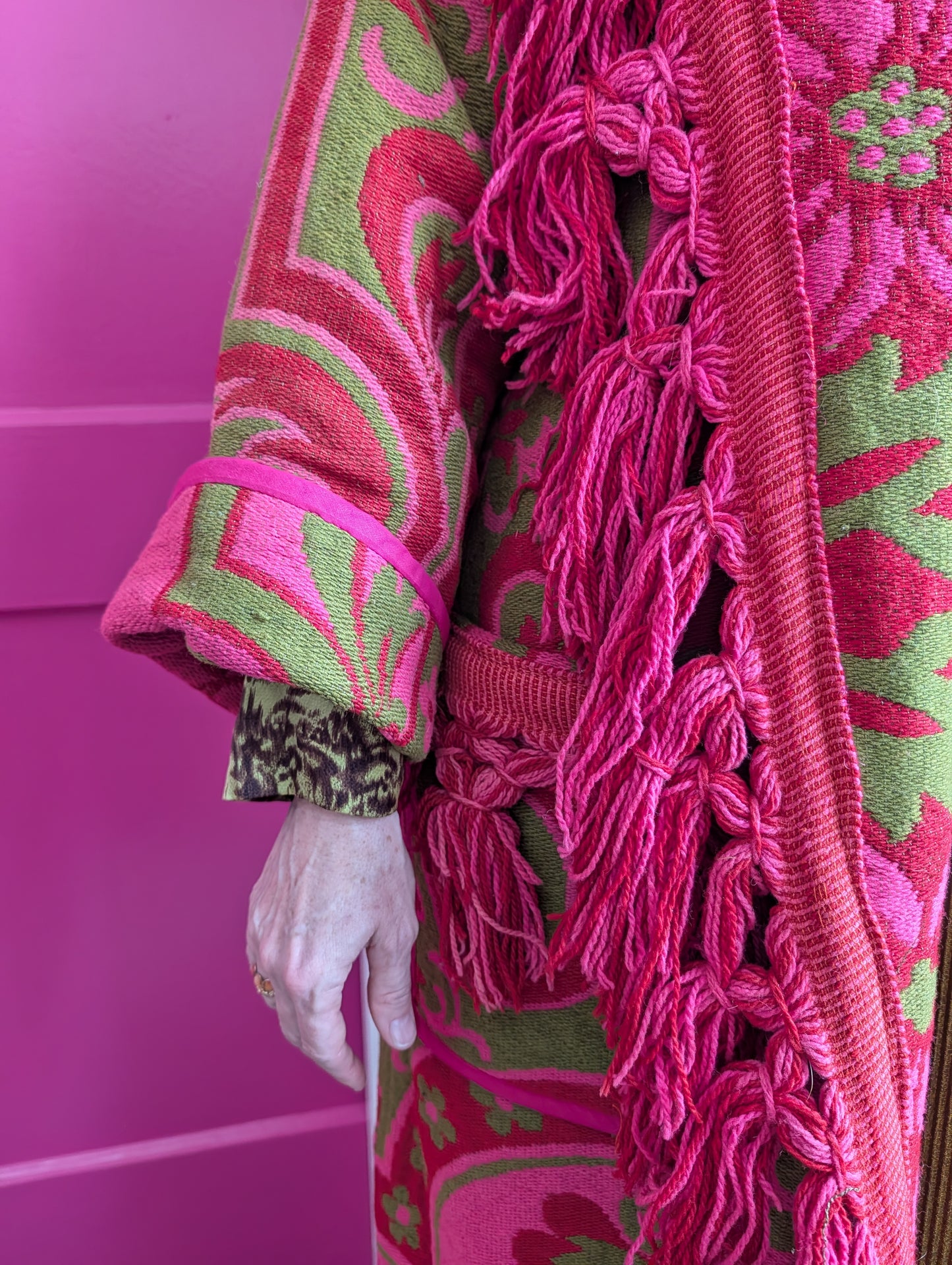 The Loretta Fringe Jacket | Green & Bright Pink