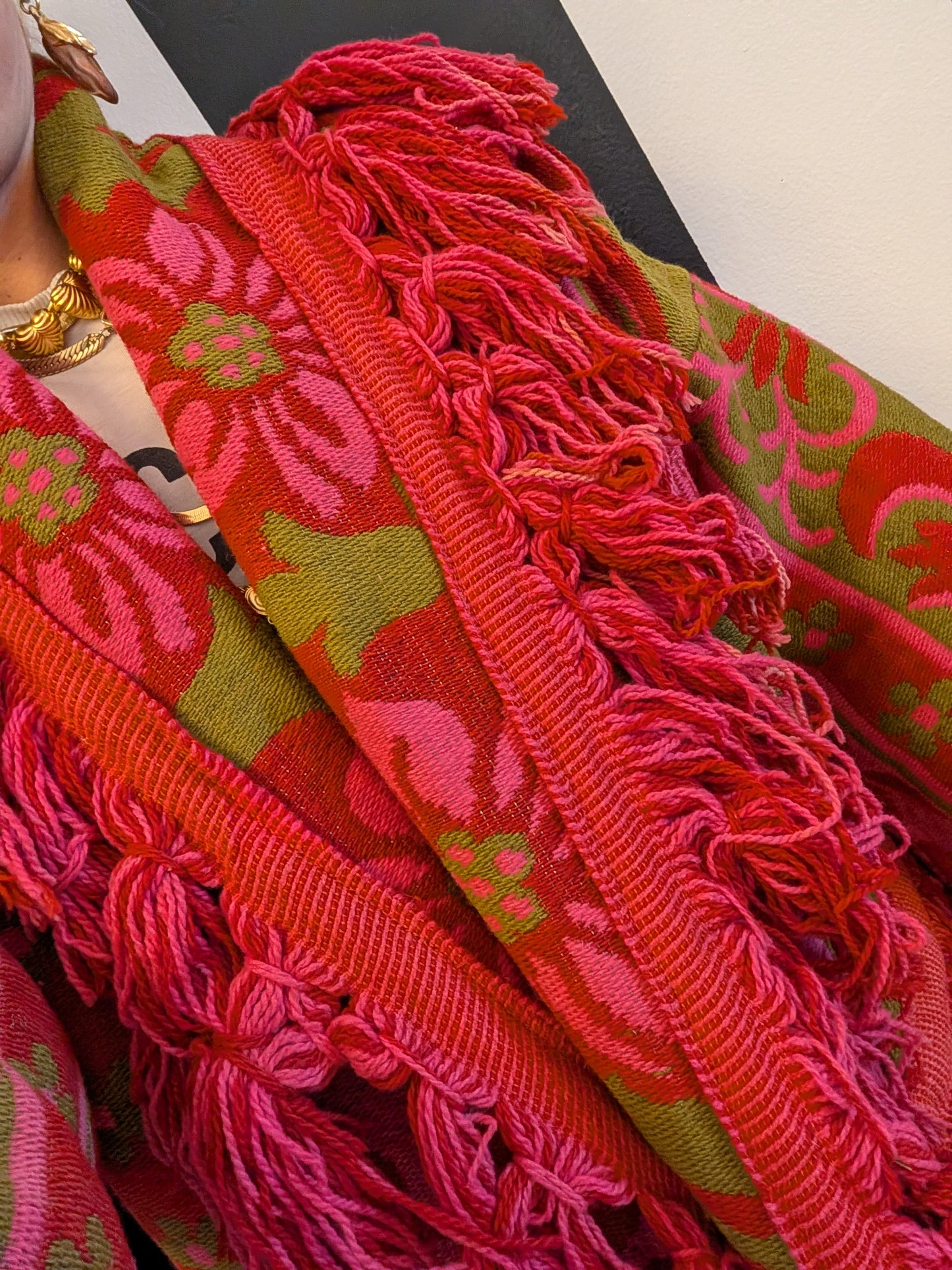 The Loretta Fringe Jacket | Green & Bright Pink