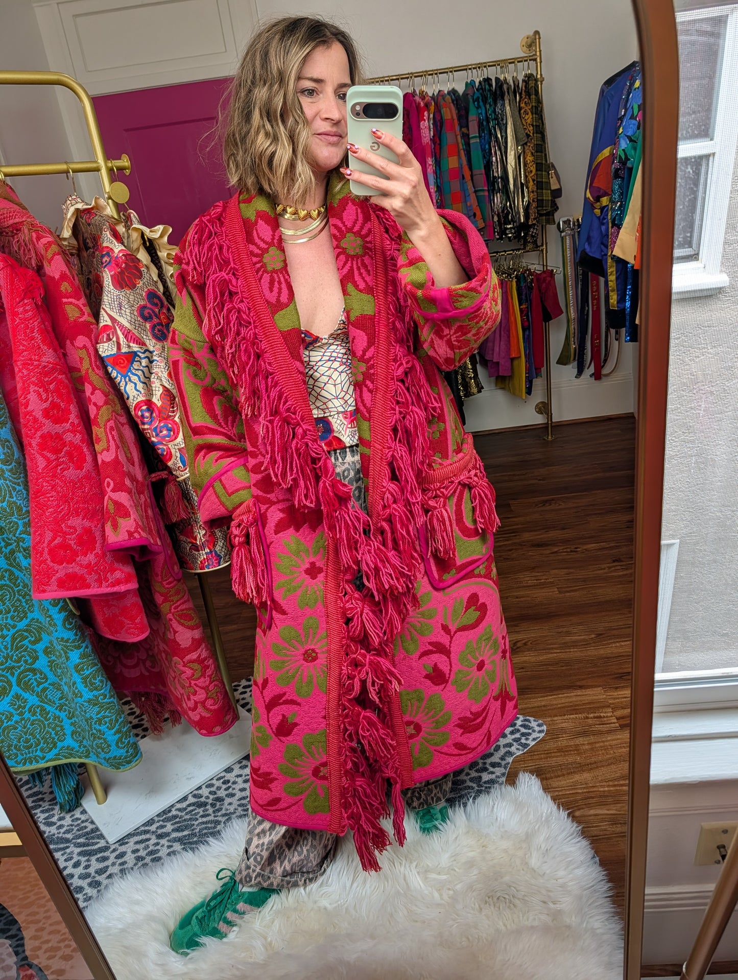 The Loretta Fringe Jacket | Green & Bright Pink