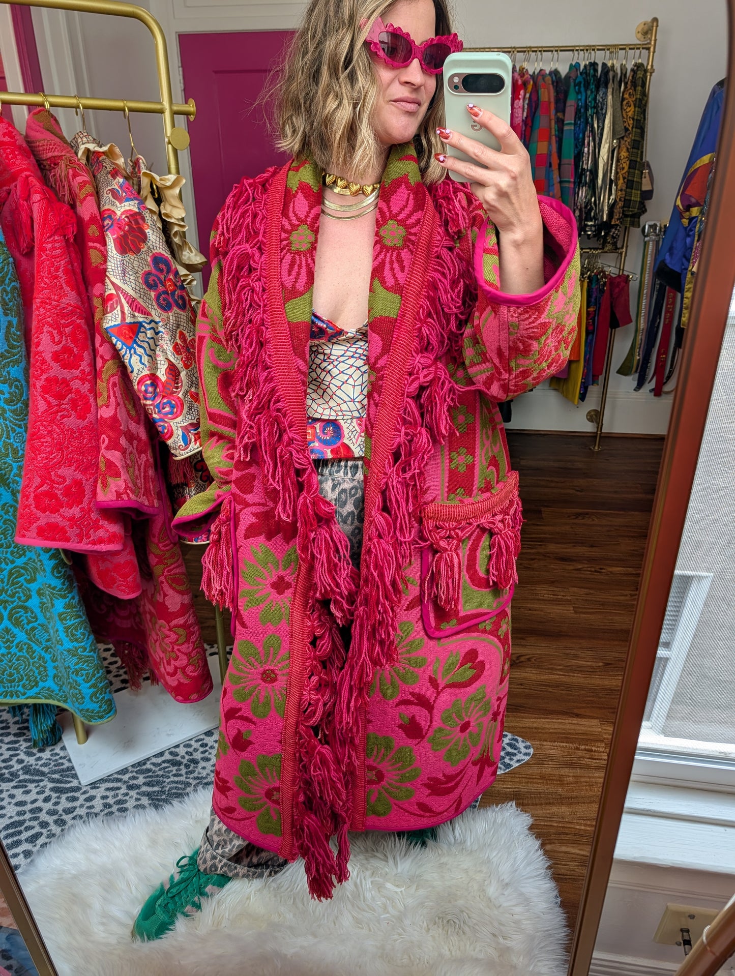 The Loretta Fringe Jacket | Green & Bright Pink
