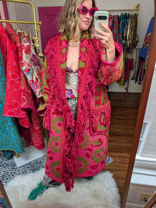 The Loretta Fringe Jacket | Green & Bright Pink