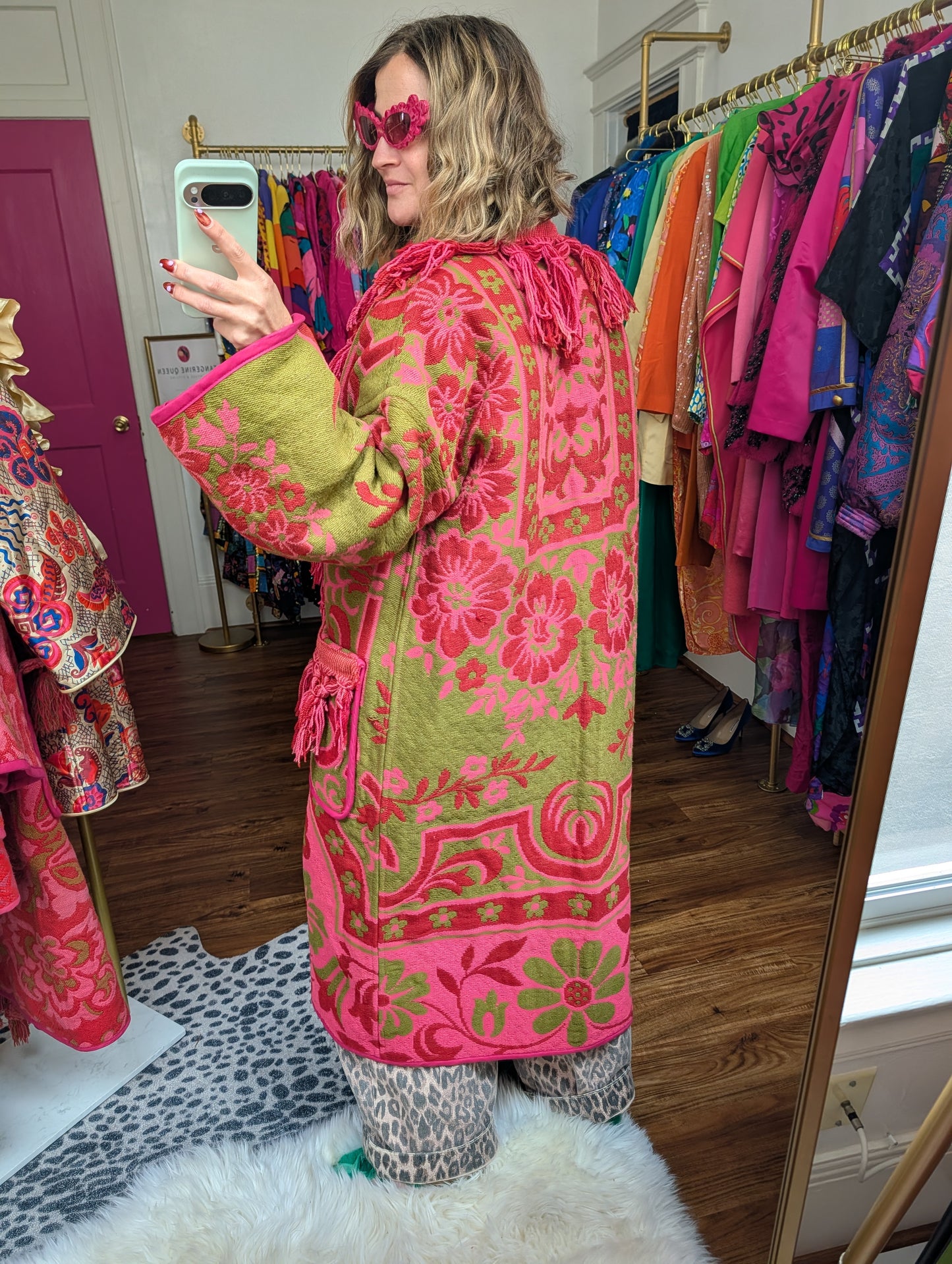 The Loretta Fringe Jacket | Green & Bright Pink