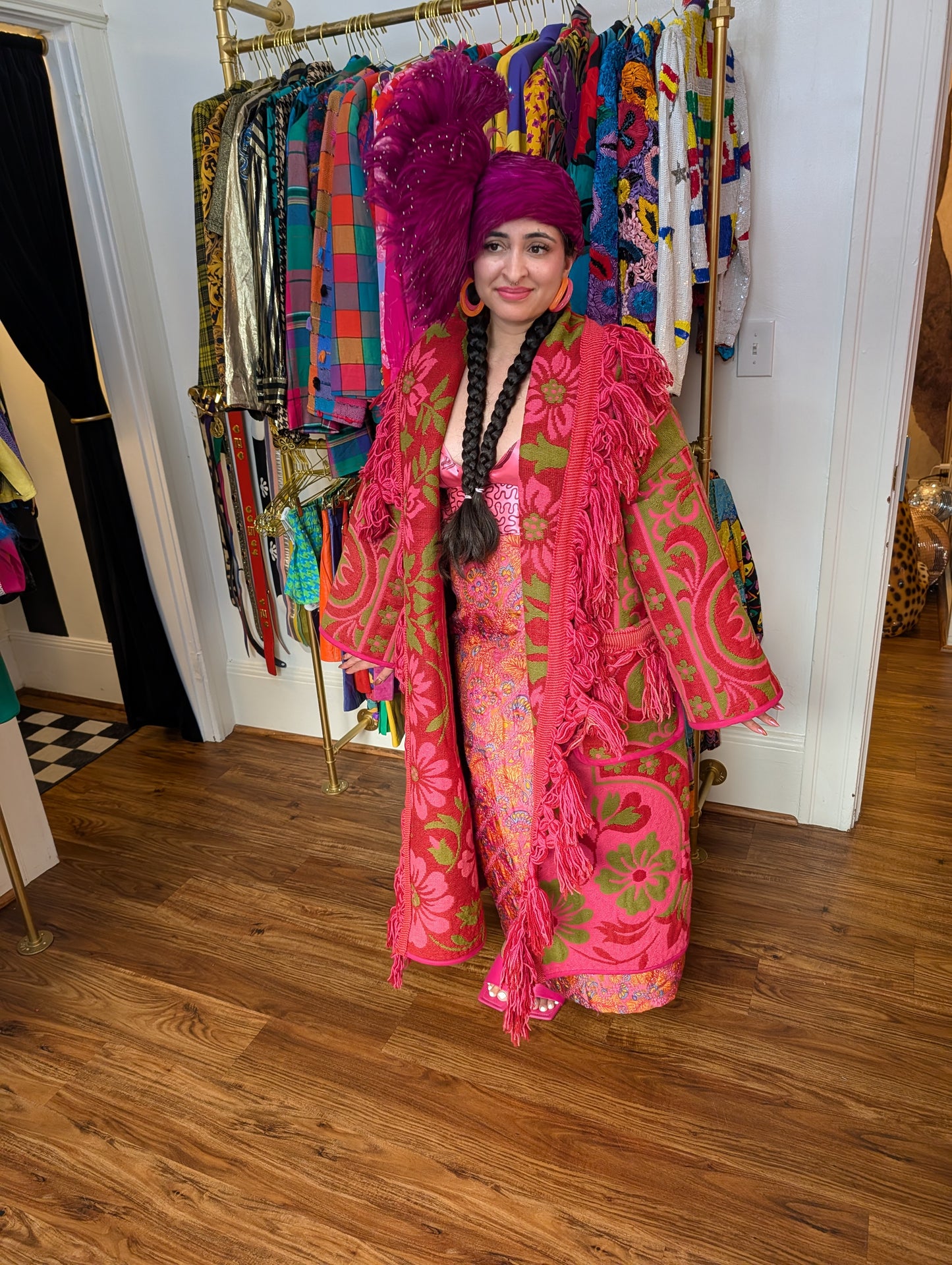 The Loretta Fringe Jacket | Green & Bright Pink