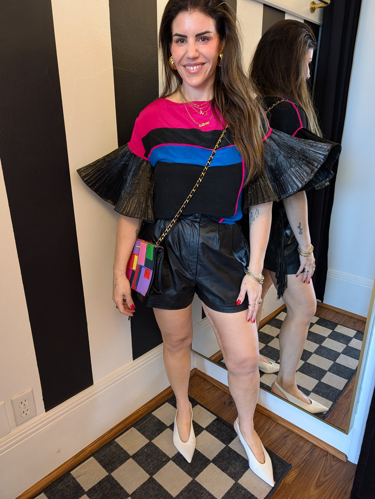 90s Silk Reworked Color Block Ruffle Top