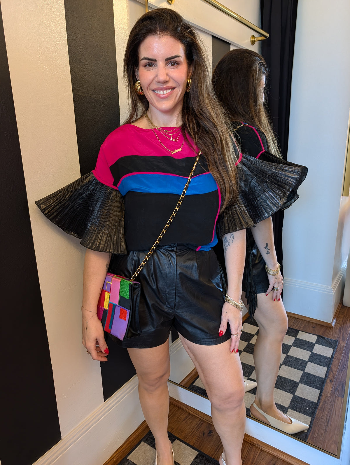 90s Silk Reworked Color Block Ruffle Top