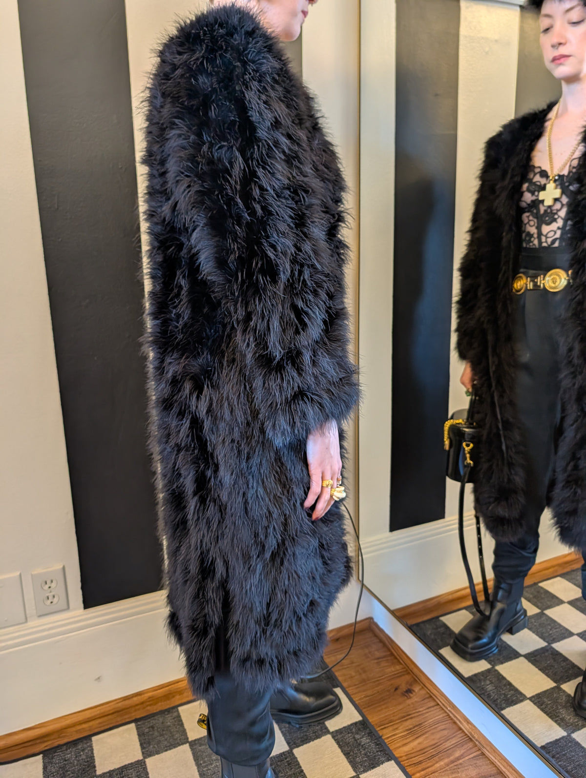 90s Black Feather Jacket with Side Slits