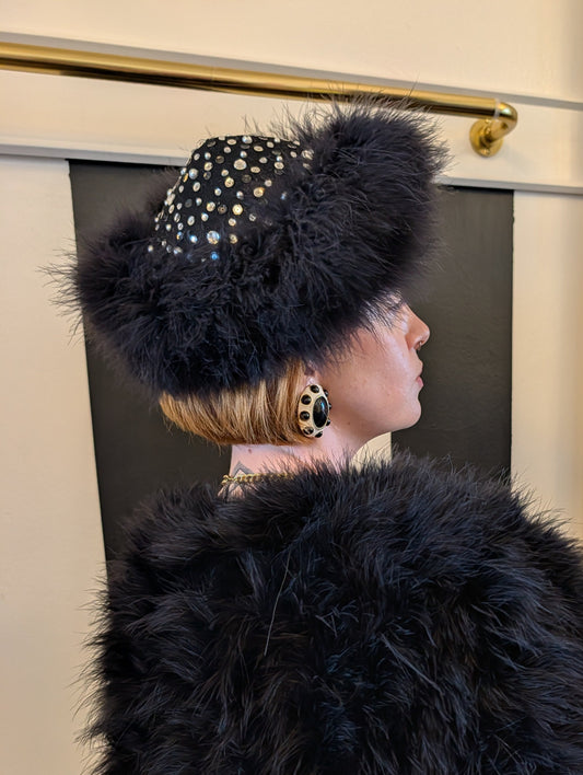 90s Feather & Rhinestone Wool Hat