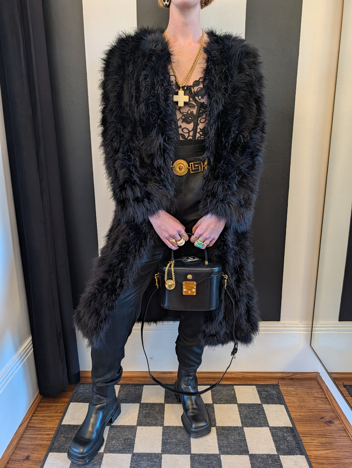 90s Black Feather Jacket with Side Slits