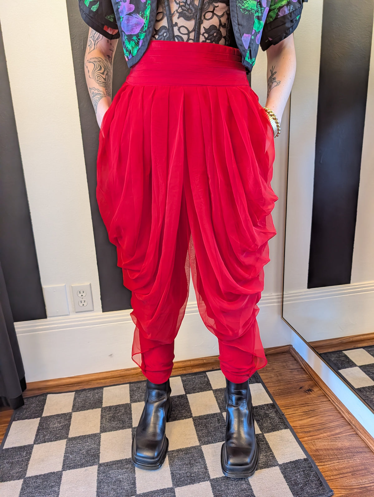 80s Red Chiffon Harem pants