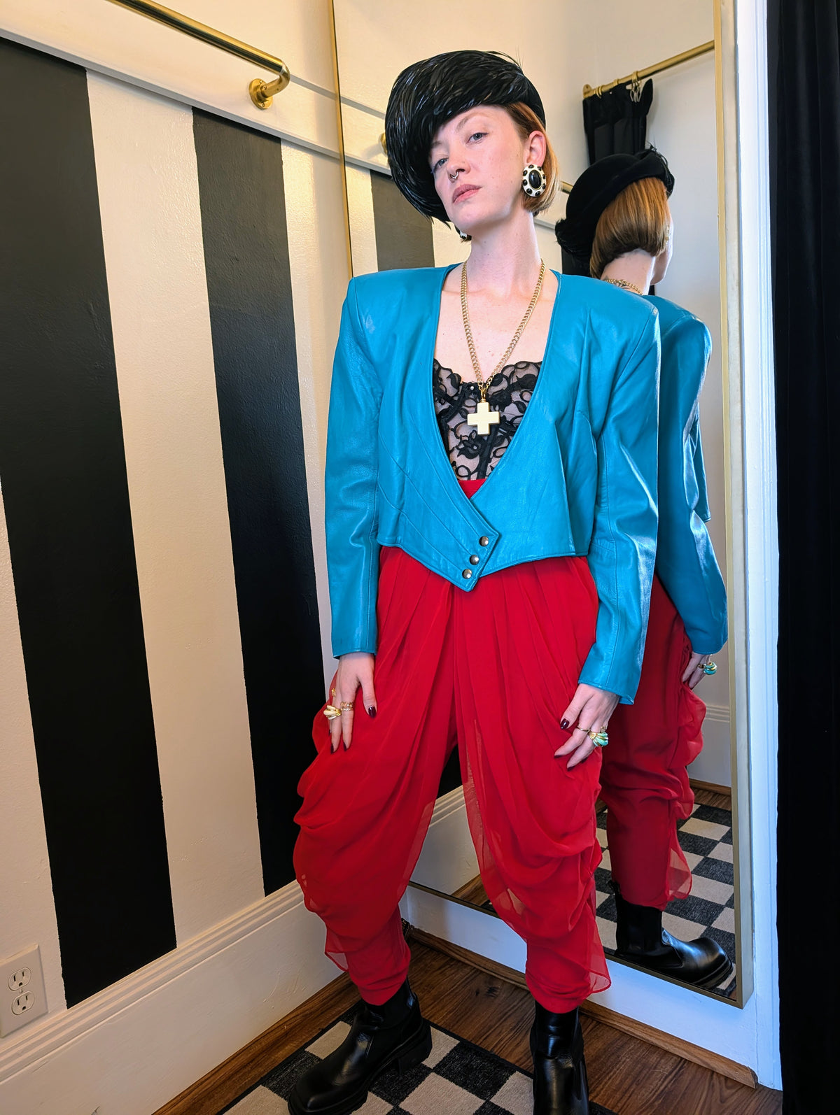 80s Teal Cropped Leather Jacket