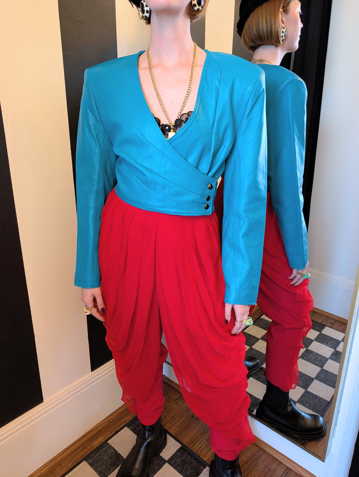 80s Teal Cropped Leather Jacket