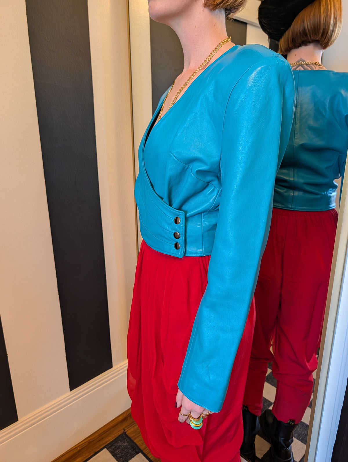 80s Teal Cropped Leather Jacket