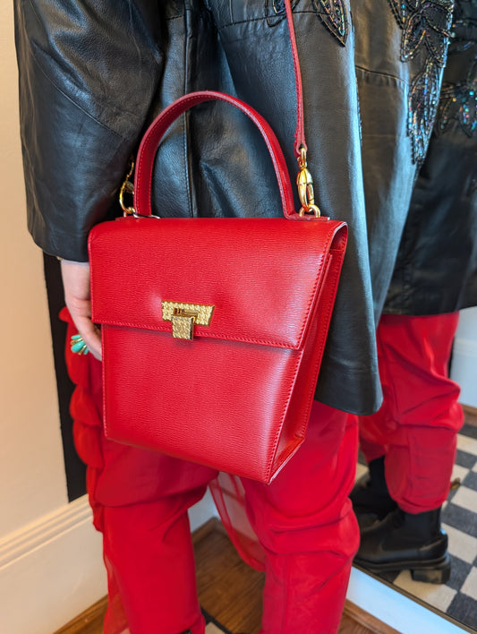 Vintage 80s/90s Christian Dior Red Leather 2-Way Handbag