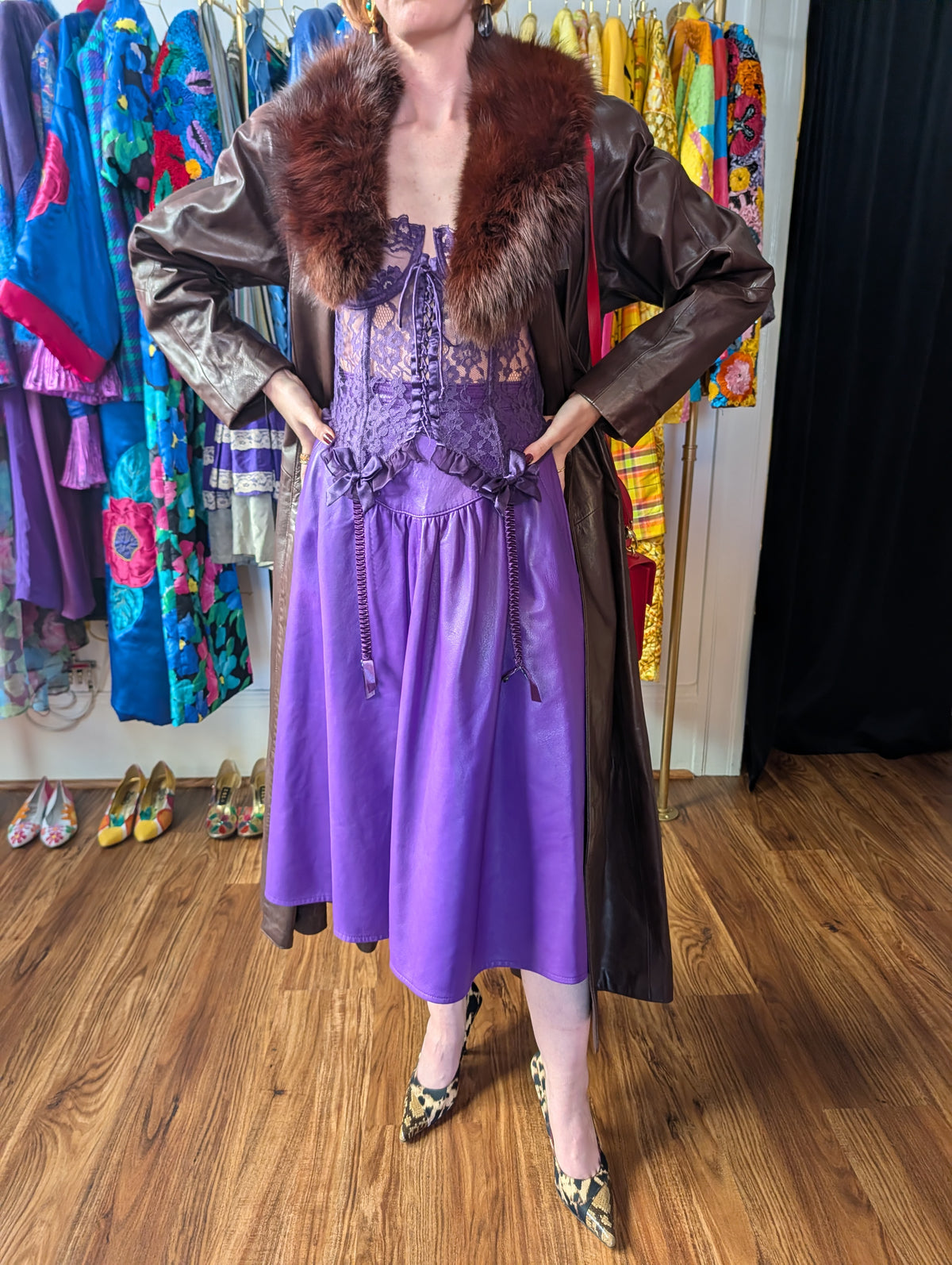 90s Purple Leather A-Line Skirt