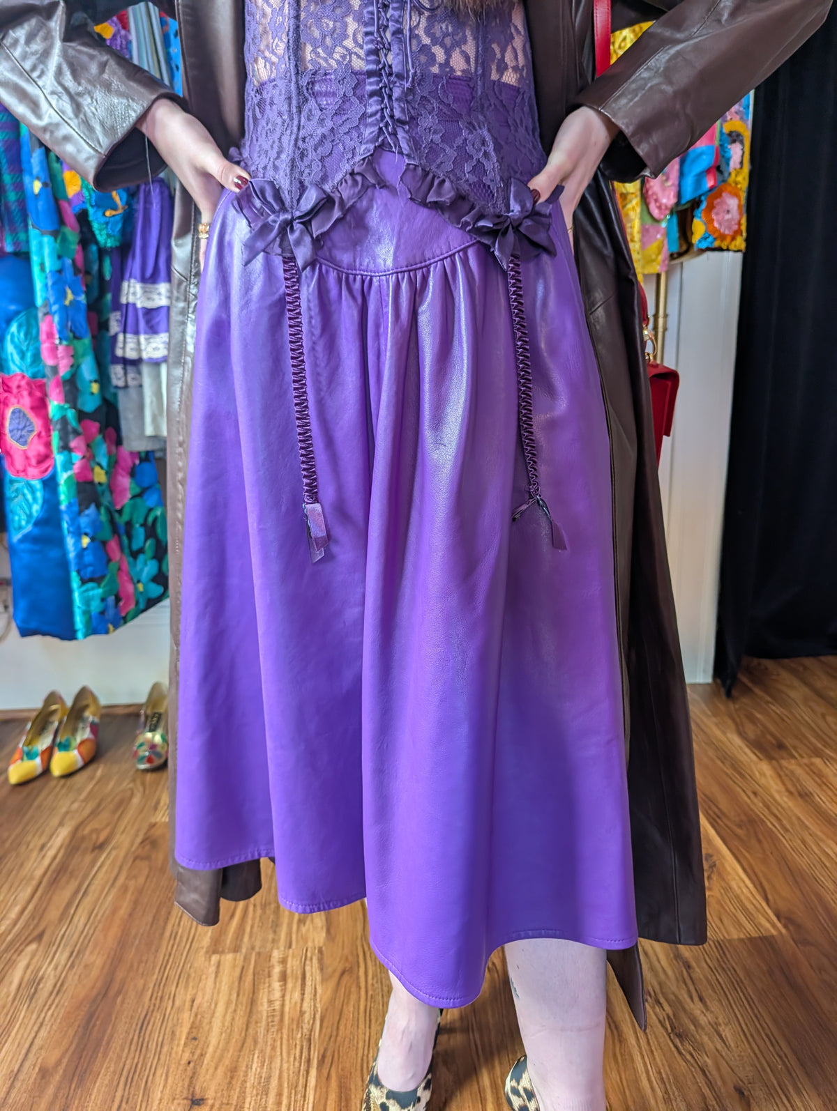 90s Purple Leather A-Line Skirt