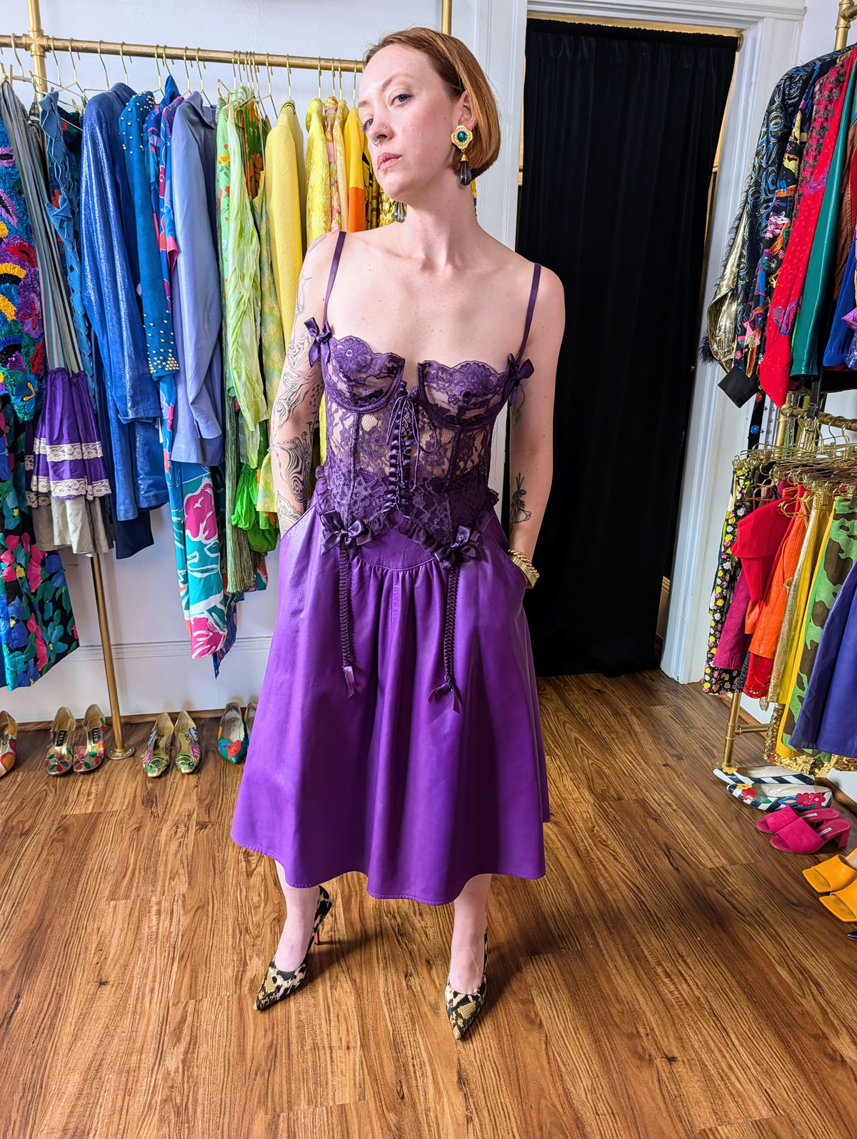 90s Purple Leather A-Line Skirt