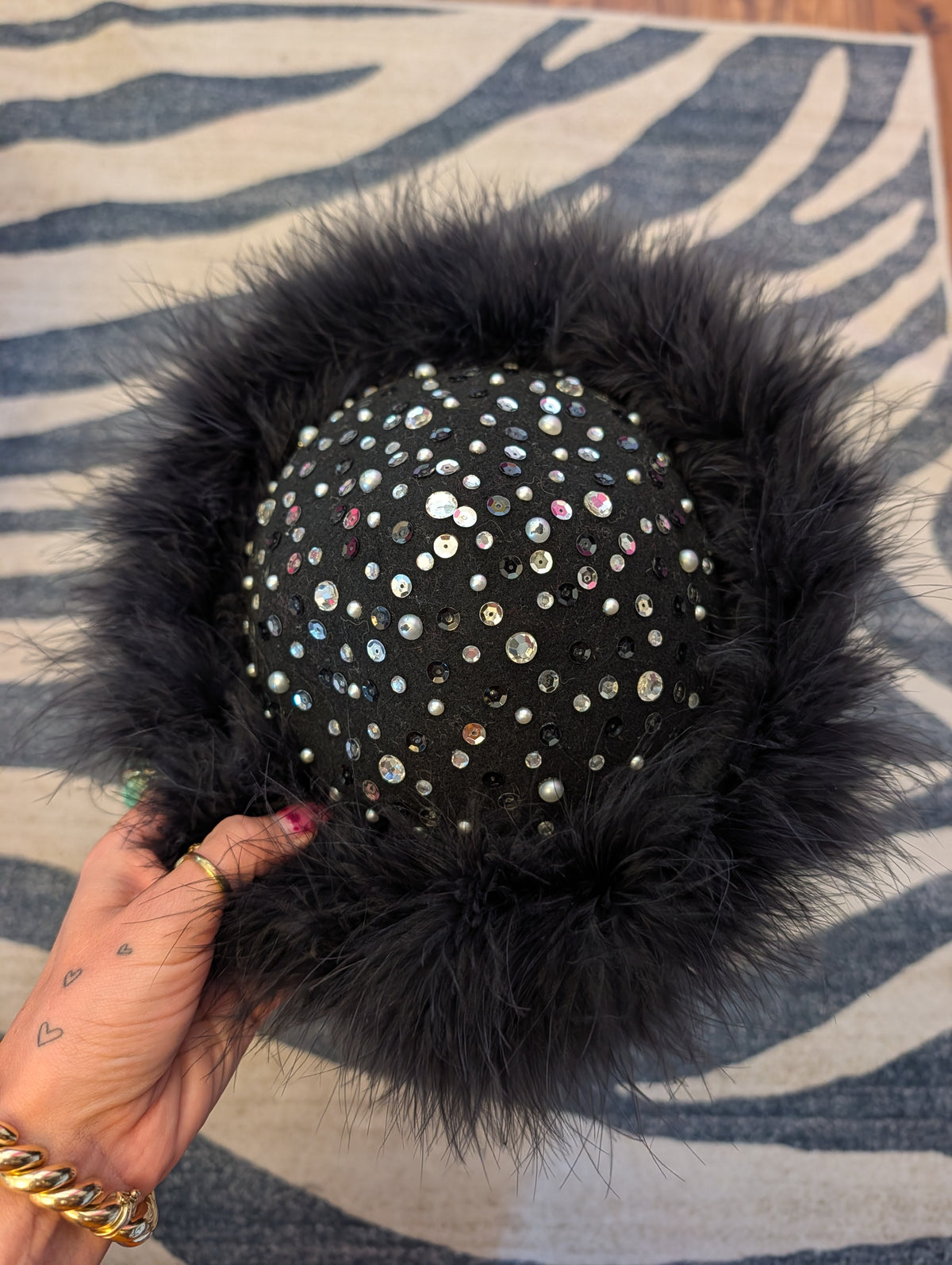 90s Feather & Rhinestone Wool Hat