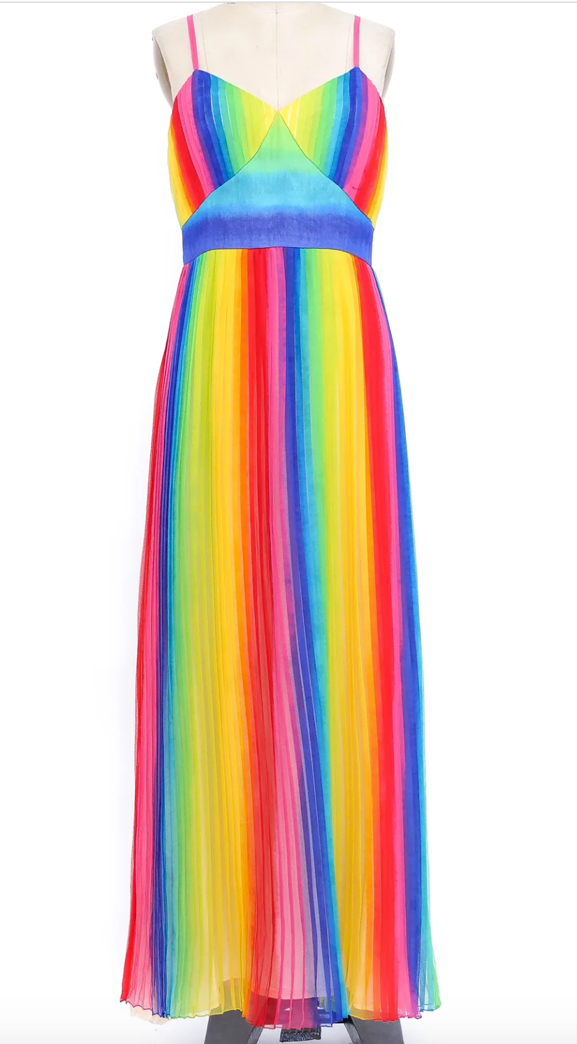 70s Accordion Pleated Rainbow Dress