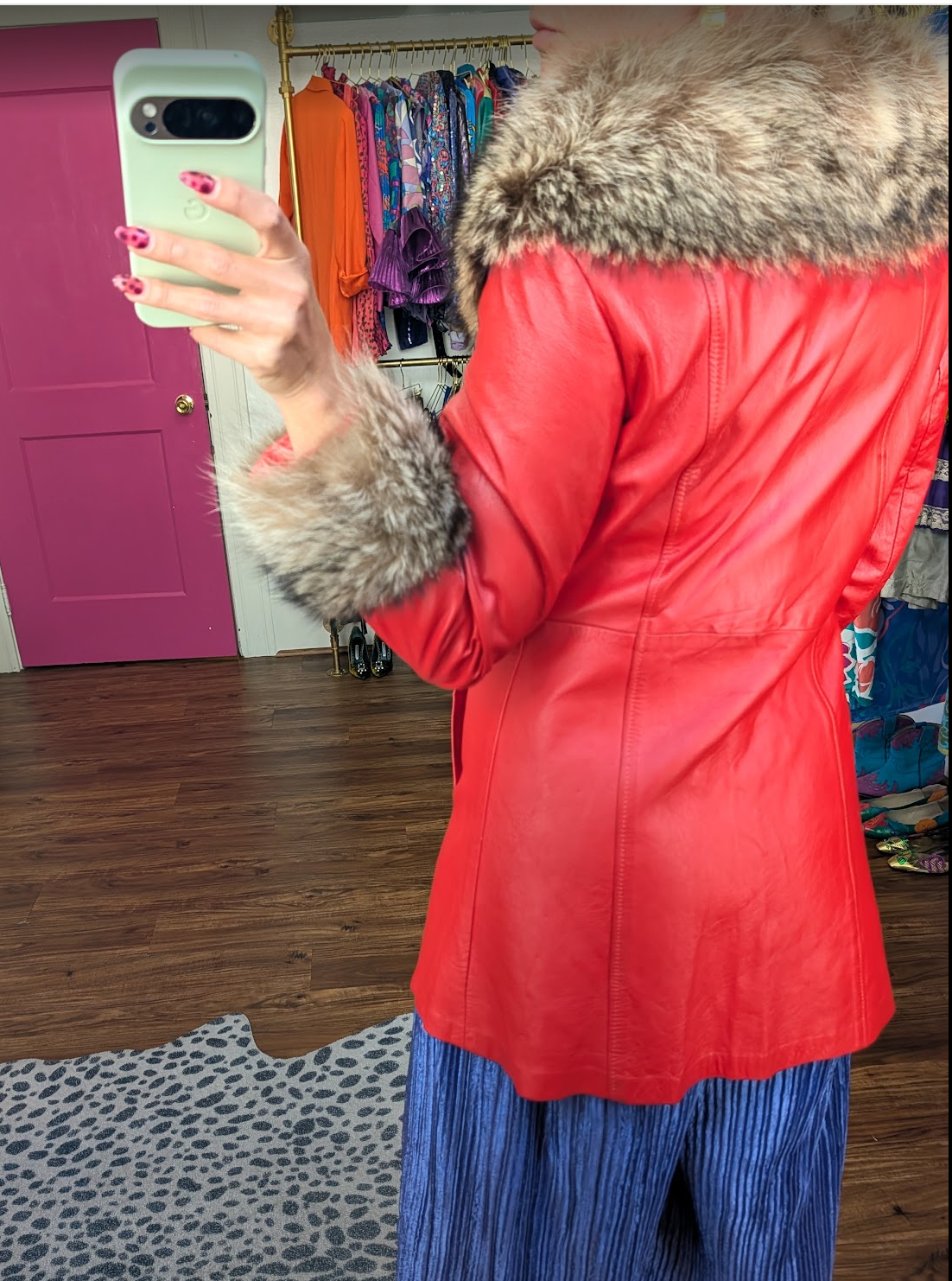 70s Red Leather Swing Coat with Fur Trim