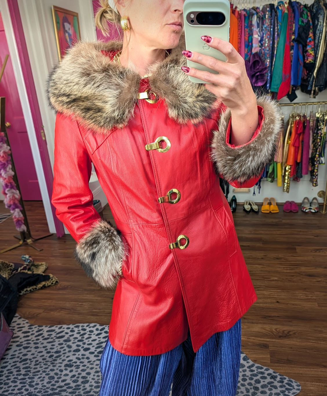 70s Red Leather Swing Coat with Fur Trim
