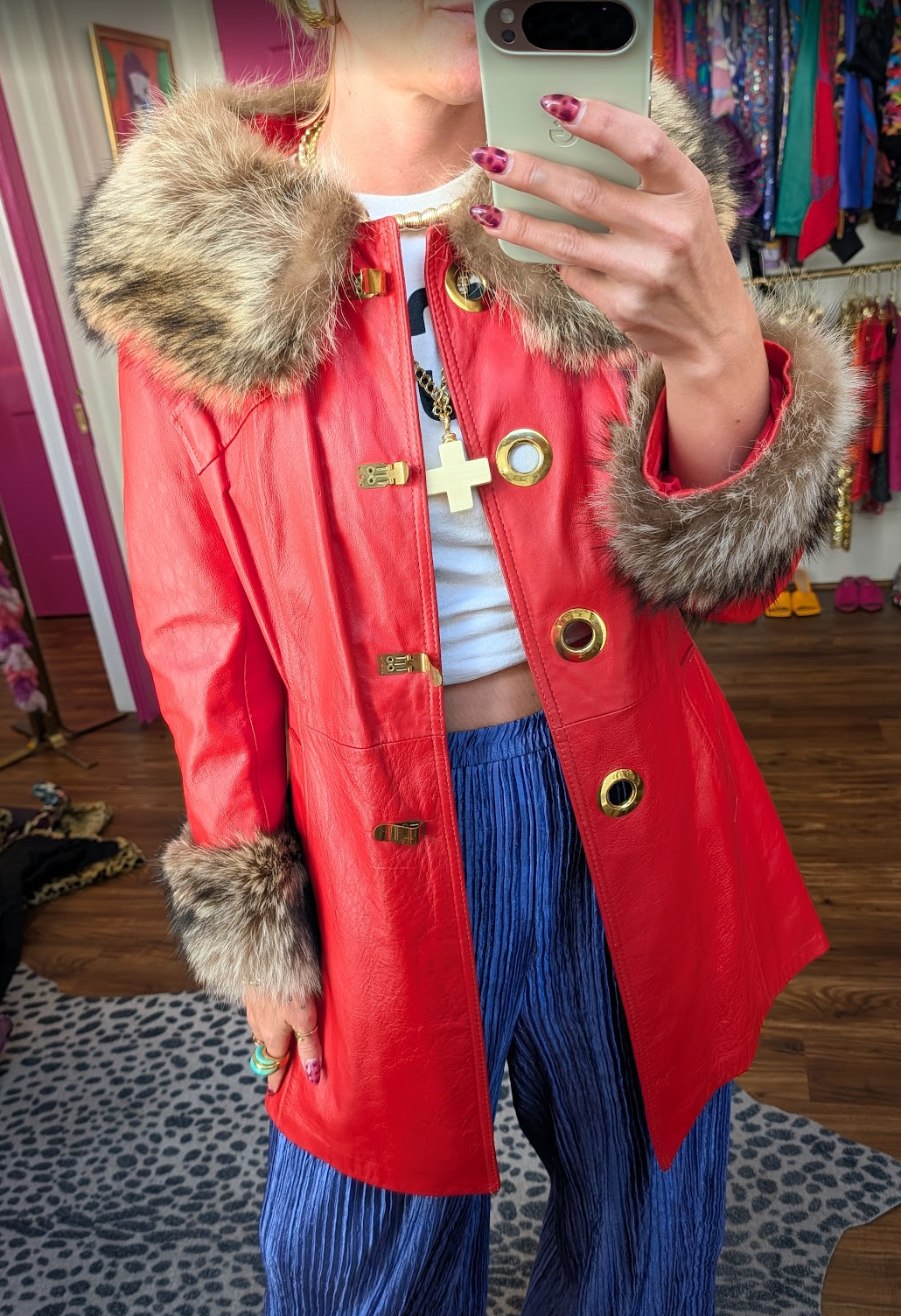 70s Red Leather Swing Coat with Fur Trim