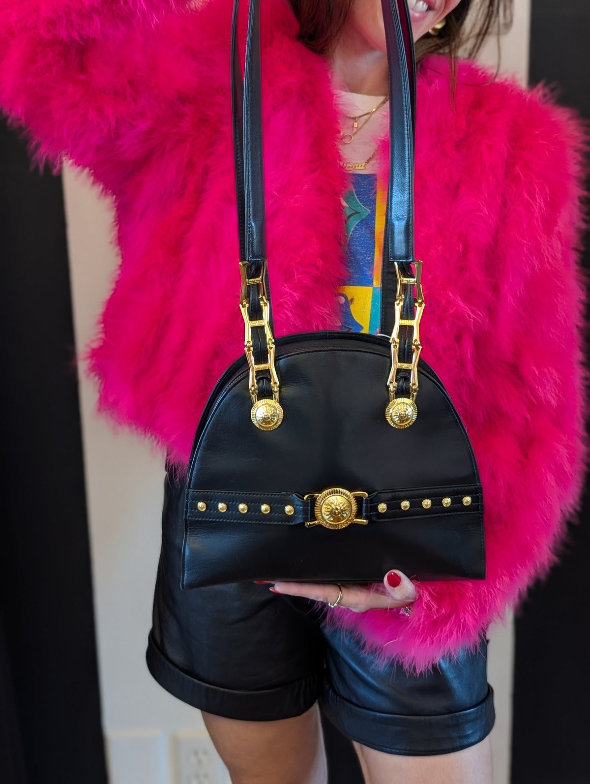 Vintage 90s Gianni Versace Black Leather Medusa Sunburst Tote