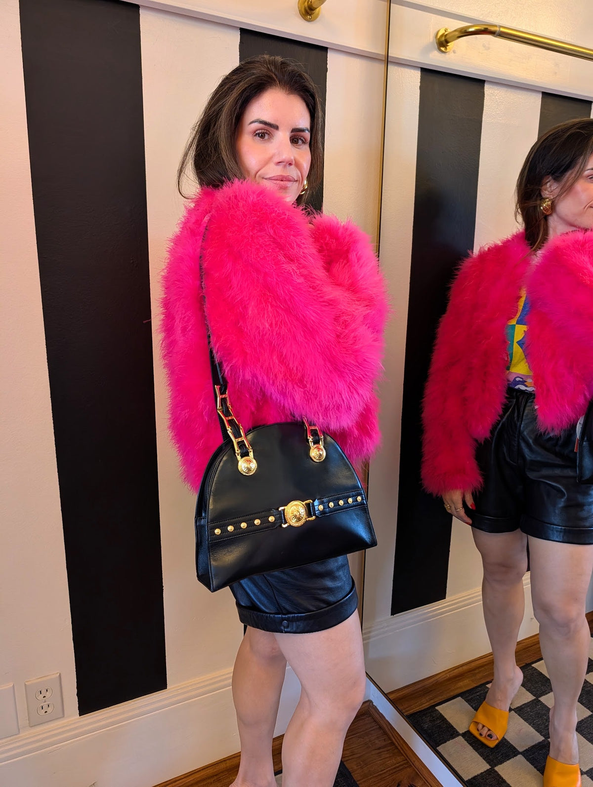 Vintage 90s Gianni Versace Black Leather Medusa Sunburst Tote