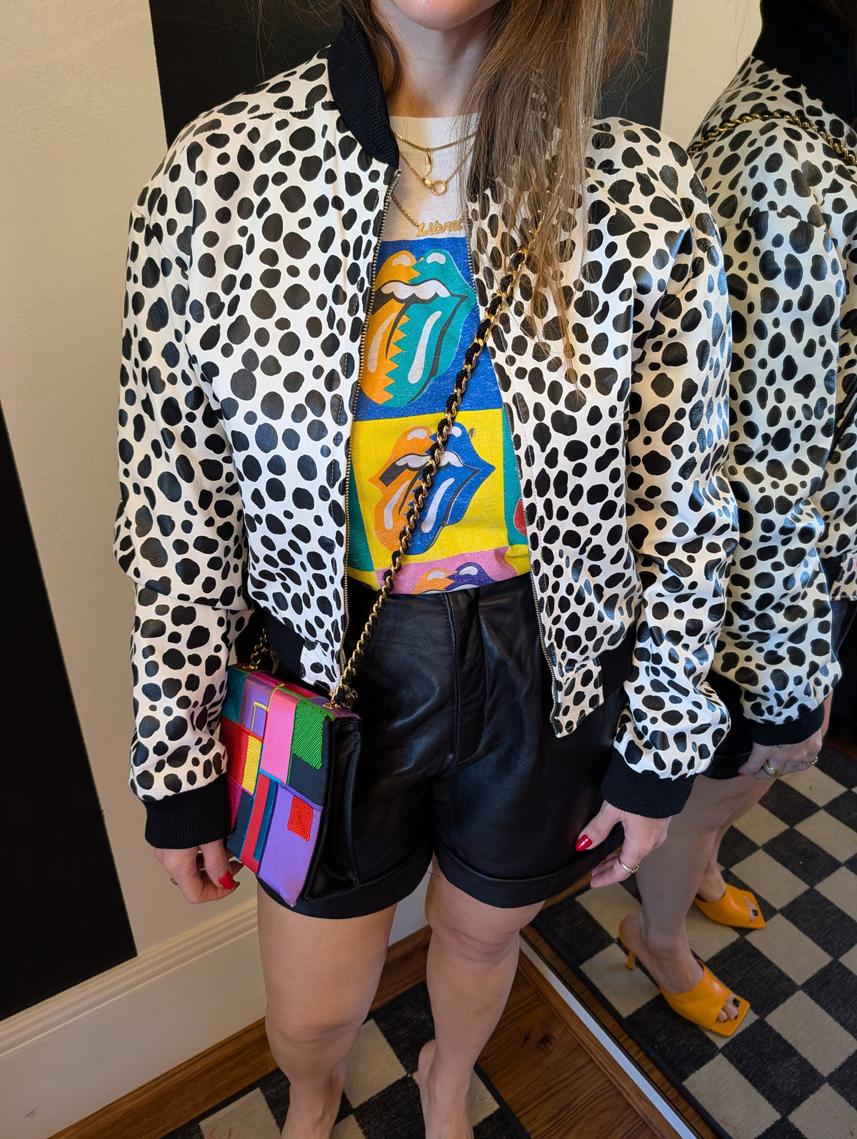 North Beach Leather Black & White Leather Bomber Jacket