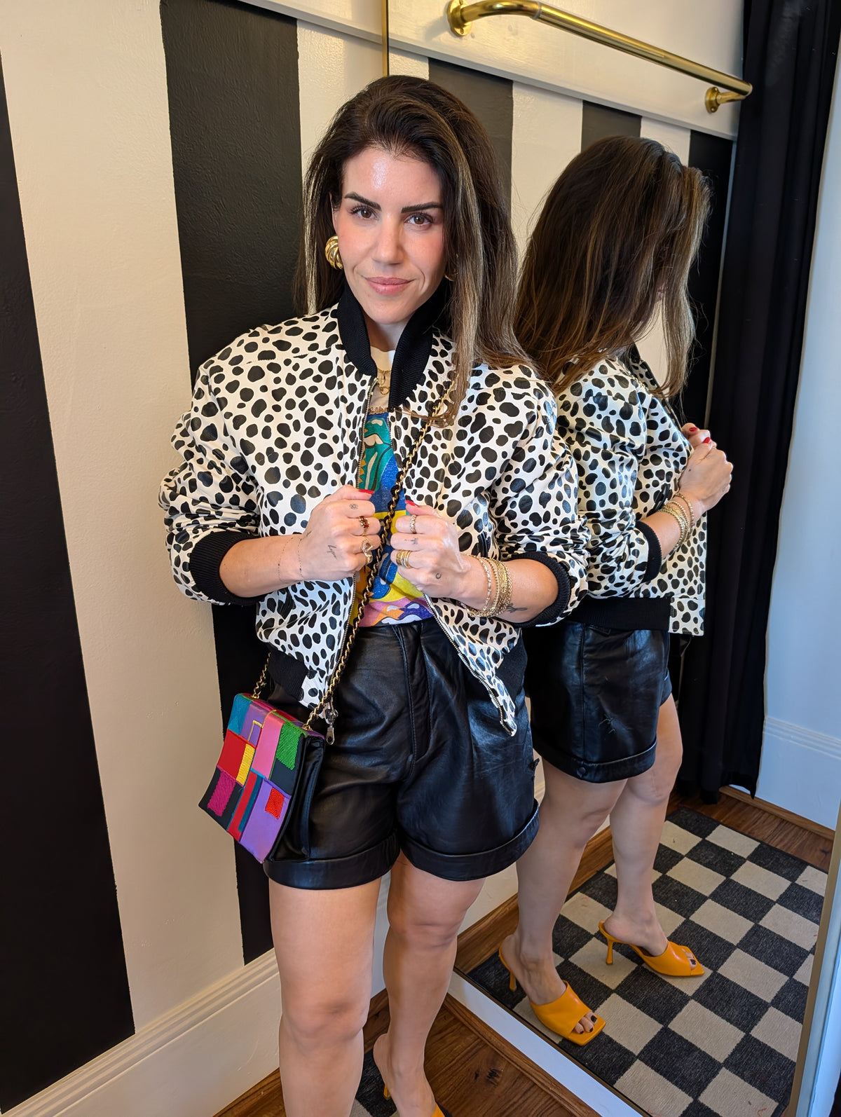 North Beach Leather Black & White Leather Bomber Jacket