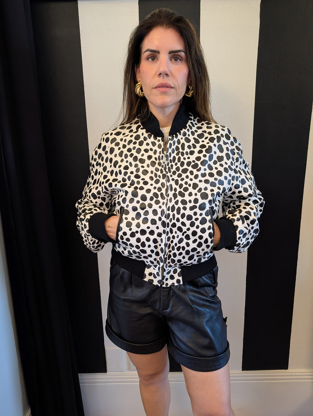 North Beach Leather Black & White Leather Bomber Jacket
